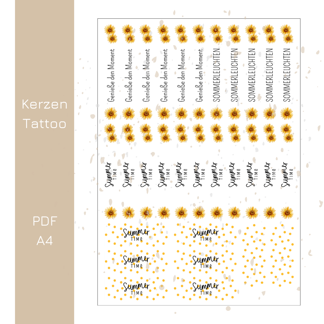 Kerzentattoo Sommer Sonnenblumen - PDF Druckvorlage A4