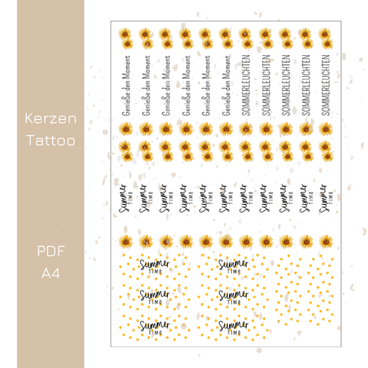 Kerzentattoo Sommer Sonnenblumen - PDF Druckvorlage A4