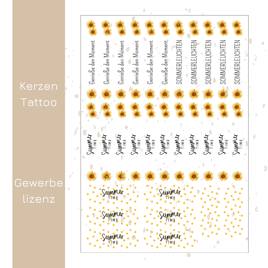 Kerzentattoo Sommer Sonnenblumen - PDF Druckvorlage A4